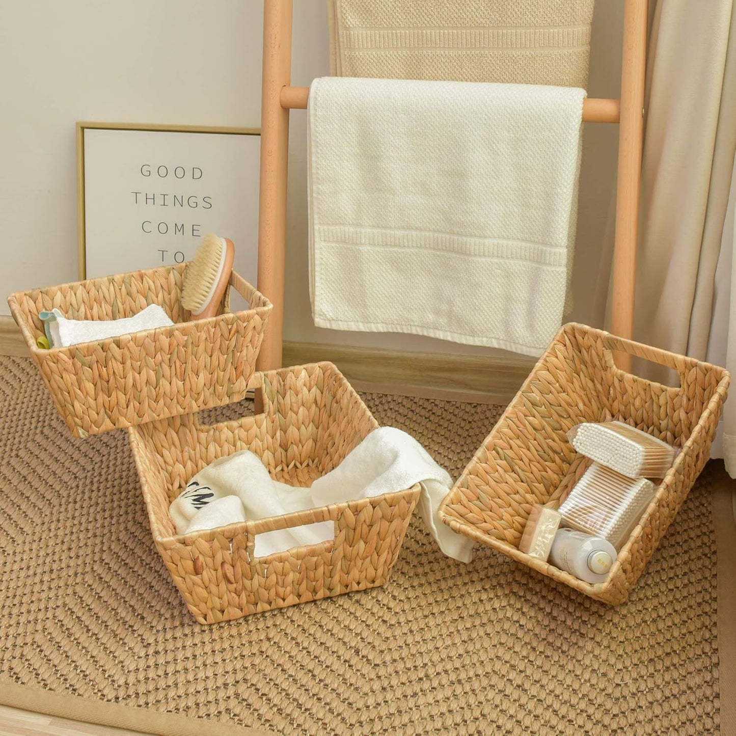 Water Hyacinth Storage Baskets, Large Wicker Baskets with Built-In Handles, 2 Pack