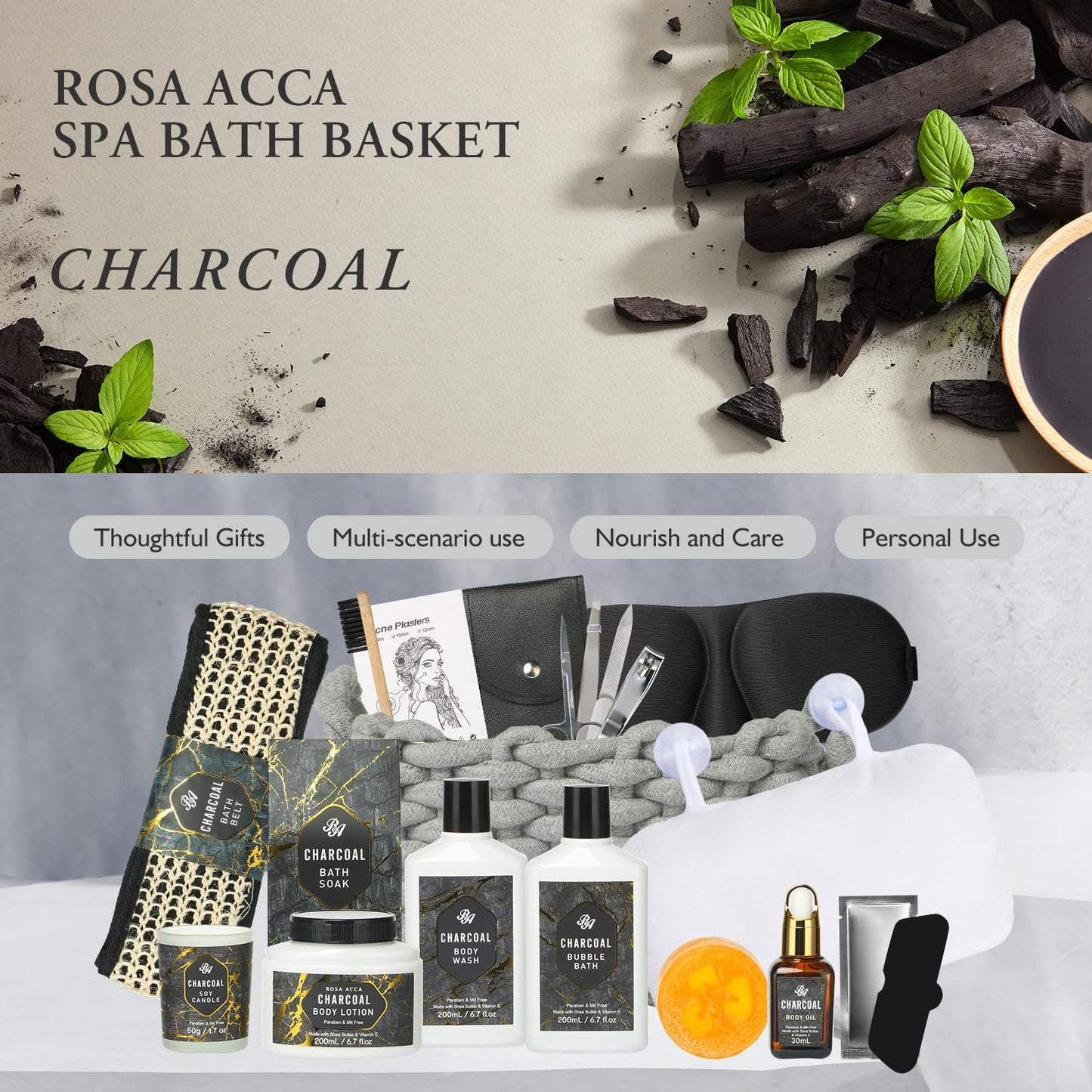 Mothers Day Gift, Gift Set for Men & Women, 15Pcs Spa Basket Set Bamboo Charcoal Scented Includes Body Wash, Bubble Bath, Manicure Set, Gifts for Daddy, Birthday Gifts, Home Spa Kit Gift for Him