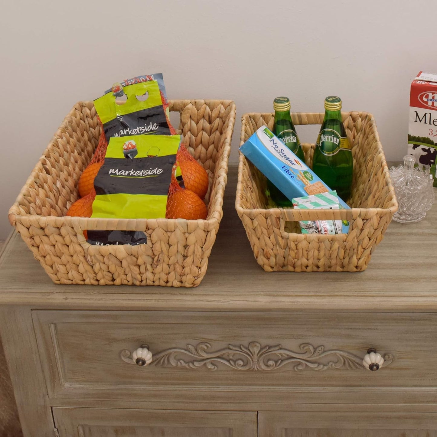 Water Hyacinth Storage Baskets, Large Wicker Baskets with Built-In Handles, 2 Pack