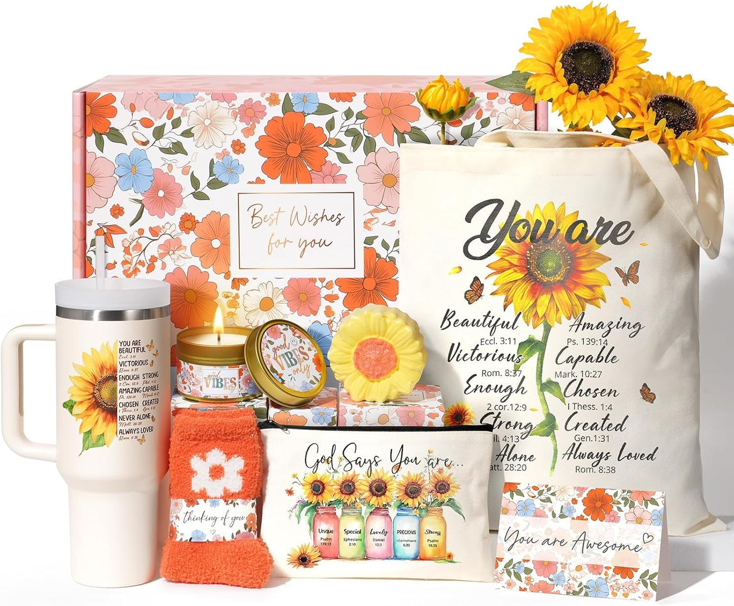 Christian Faith Gifts for Women - Religious Catholic Sunflower Inspirational Spiritual Gift for Mom, Grandma, Sister, Coworker with Makeup Bag and 40 OZ Tumbler