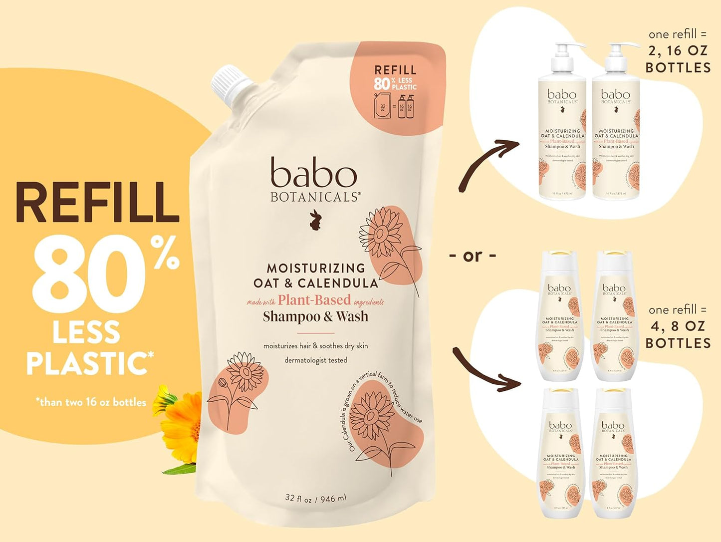 Moisturizing Oat & Calendula 2-In-1 Shampoo & Wash - for Dry or Sensitive Skin - for All Ages - Lightly Scented - Vegan - Refill Pouch 32 Fl.Oz.