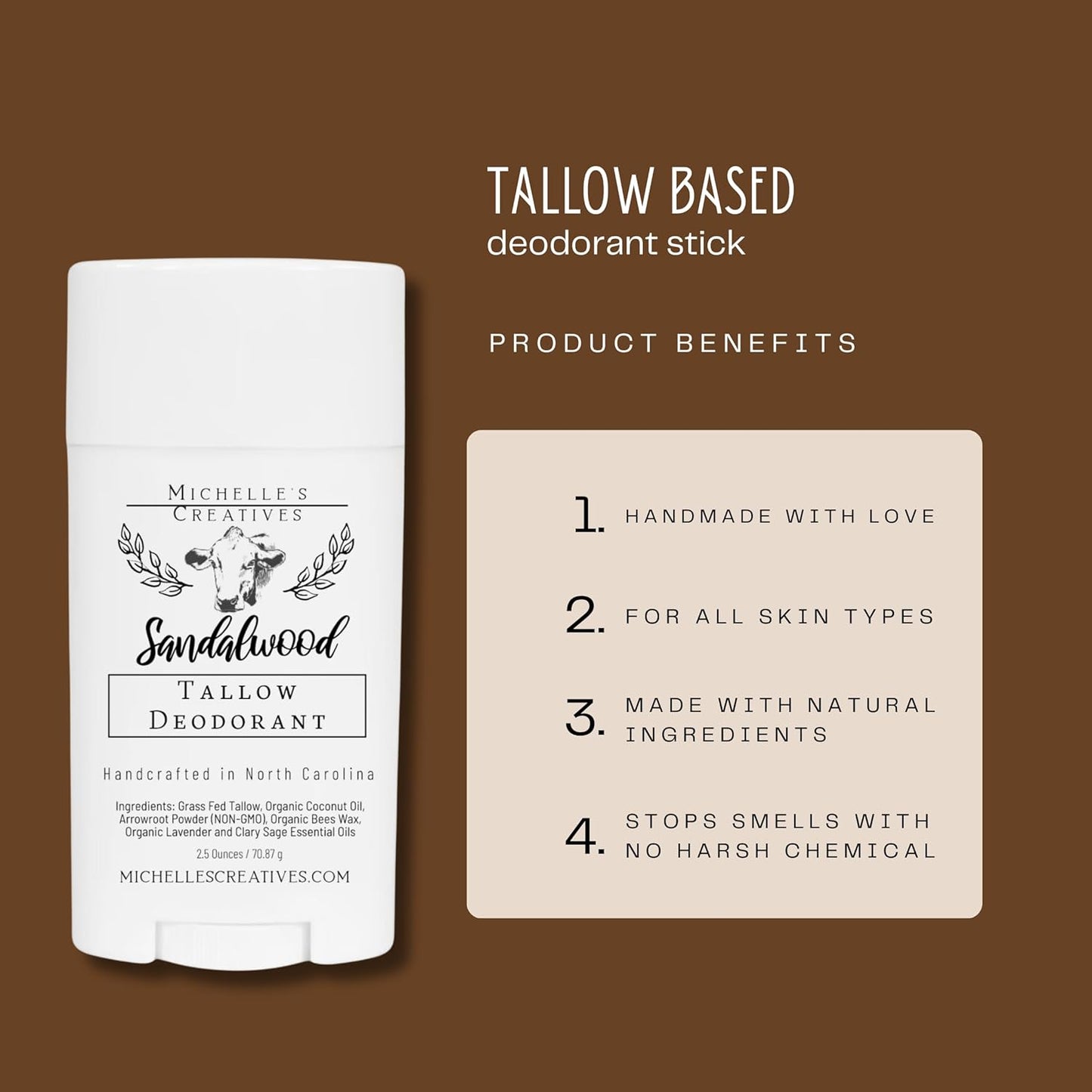 Natural Sandalwood Tallow Deodorant Women & Men'S Deodorant - Handcrafted in Small Batches with Grass-Fed Beef from North Carolina Farms, Aluminum-Free Deodorant Stick