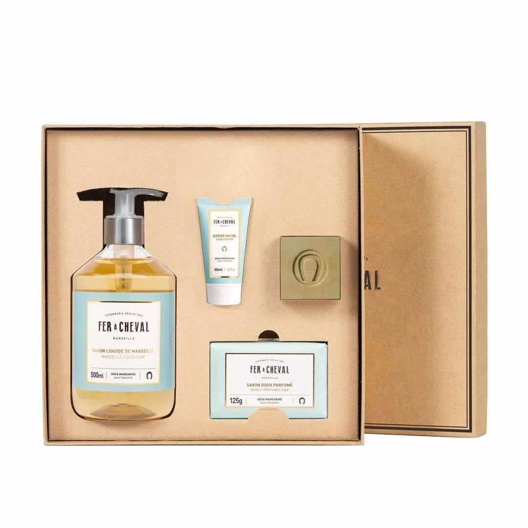 Fer À Cheval Pure Olive Aqua Mandarin Freshness Gift Box – Marseille Soap Cube, Liquid Soap, Gentle Soap, Hand Cream – 4-Piece Aqua Mandarin Scented Set