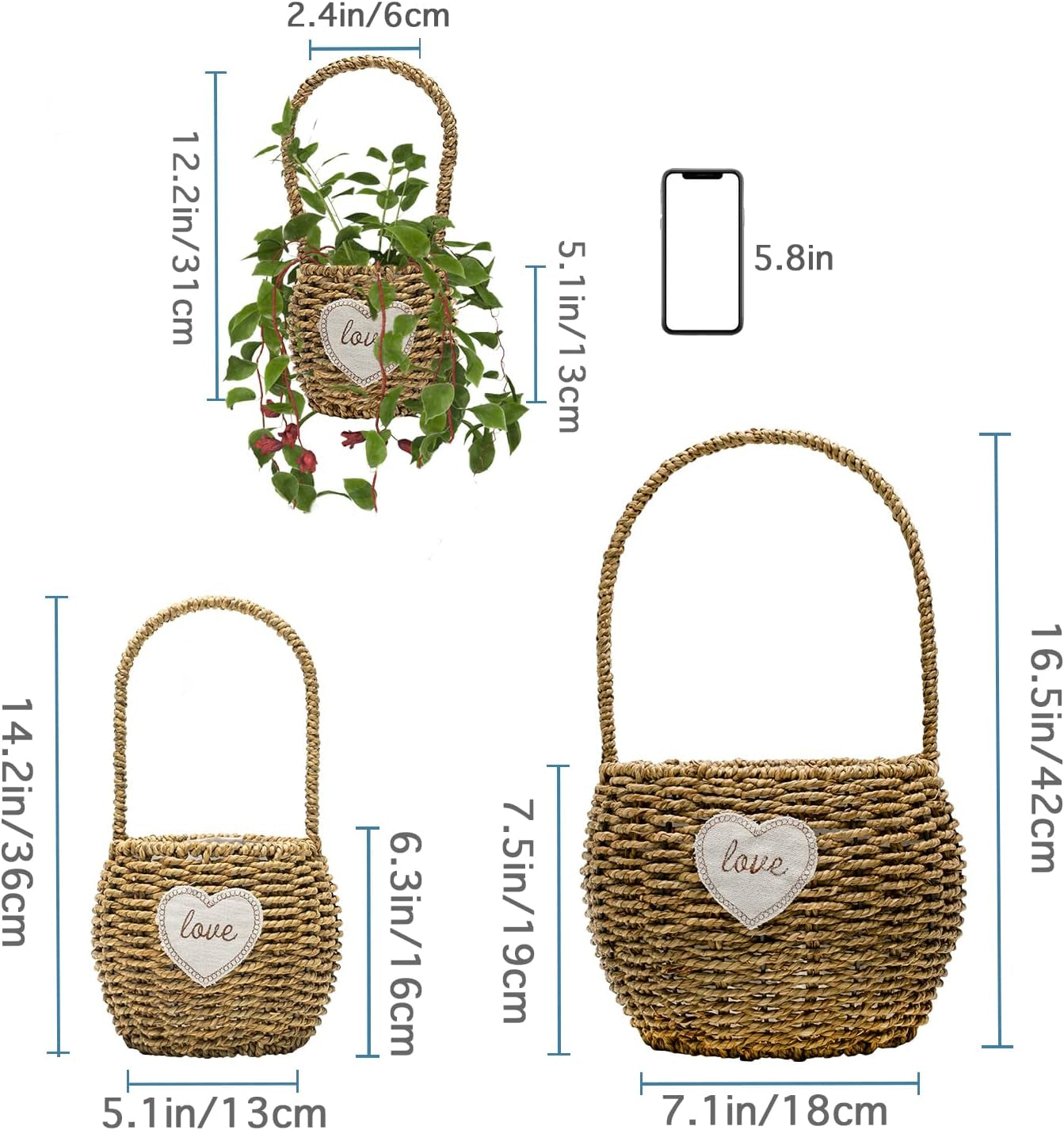Woven Plant Basket Seagrass Plant Baskets Planter Baskets Indoor Decoration for Green Plants and Flowers, Multifunctional Storage Baskets, Fruit Baskets, Picnic Basket, 3-Pack