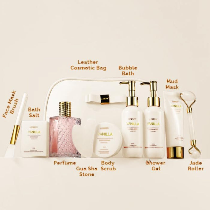 Gifts for Women, Vanilla Spa Gift Basket for Women - Self Care Kit Bath Set with Shower Gel, Bubble Bath, Perfume, Gua Sha, Jade Roller - Birthday Gift Set, Mom, Mother'S Day