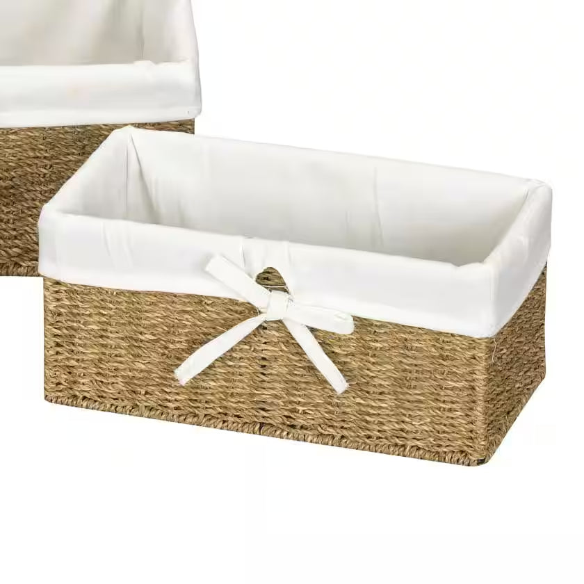 Paper Rope Lined Utility Basket in Natural Seagrass with Washable Cotton Liner (Set of 3)
