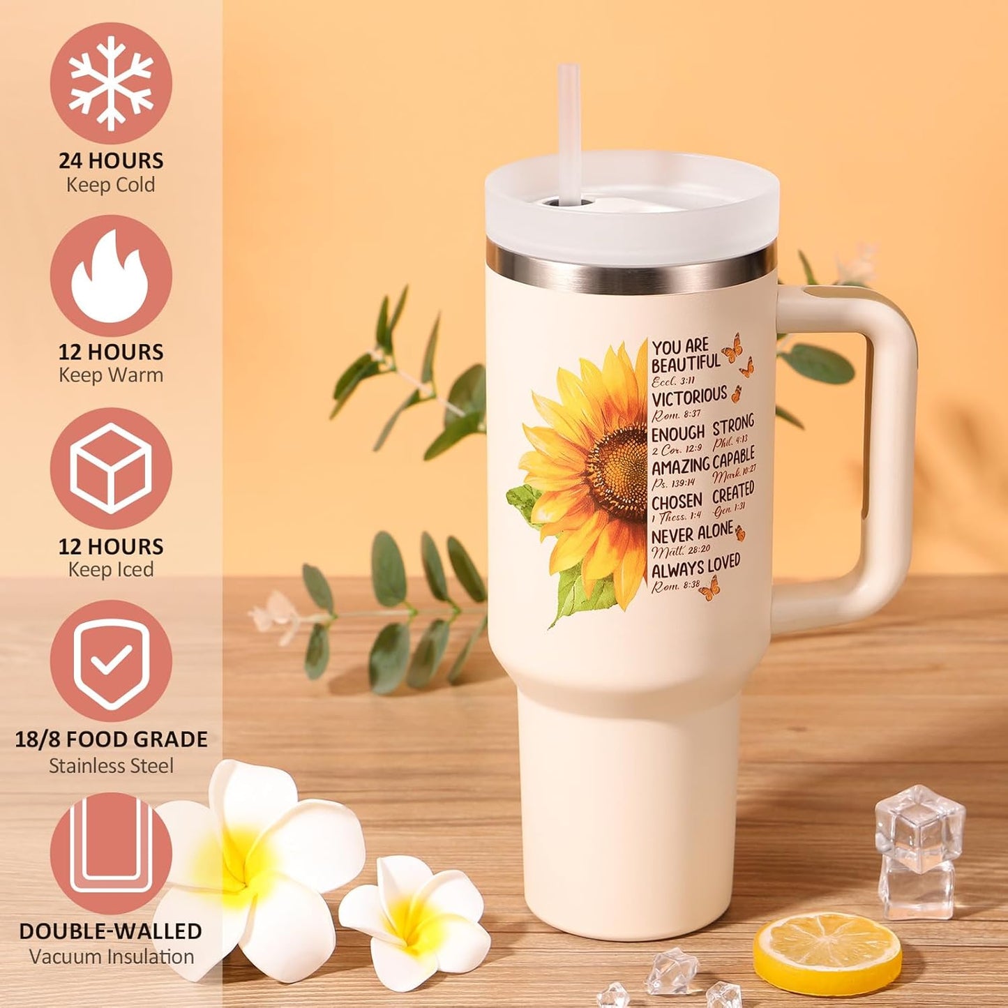 Christian Faith Gifts for Women - Religious Catholic Sunflower Inspirational Spiritual Gift for Mom, Grandma, Sister, Coworker with Makeup Bag and 40 OZ Tumbler