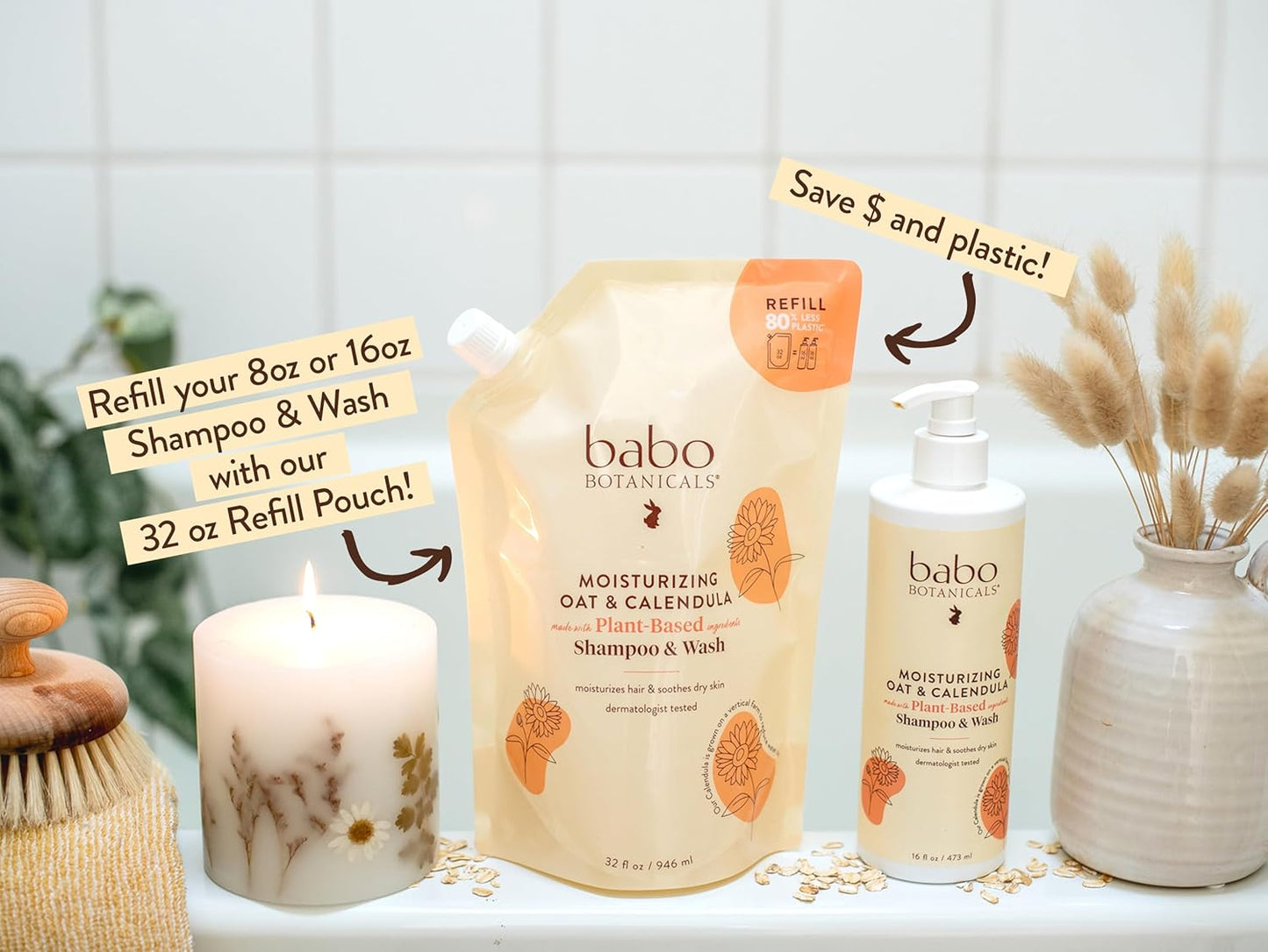 Moisturizing Oat & Calendula 2-In-1 Shampoo & Wash - for Dry or Sensitive Skin - for All Ages - Lightly Scented - Vegan - Refill Pouch 32 Fl.Oz.