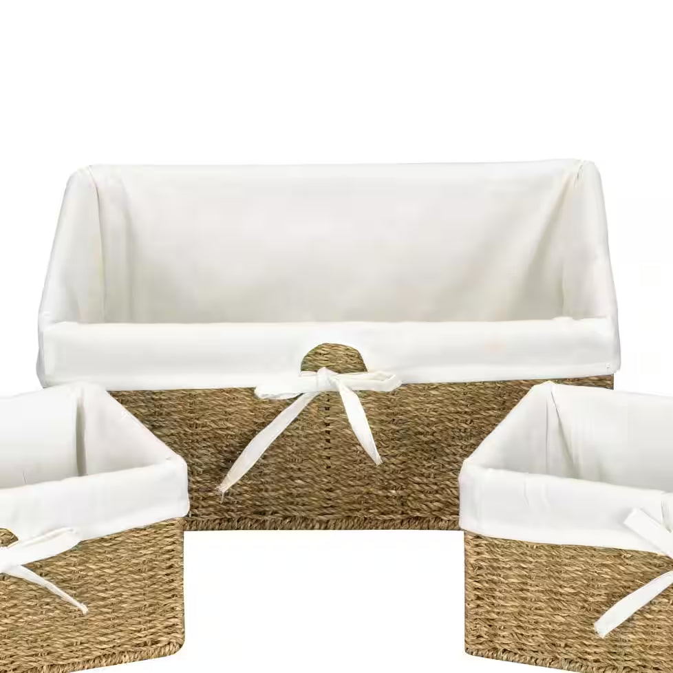 Paper Rope Lined Utility Basket in Natural Seagrass with Washable Cotton Liner (Set of 3)