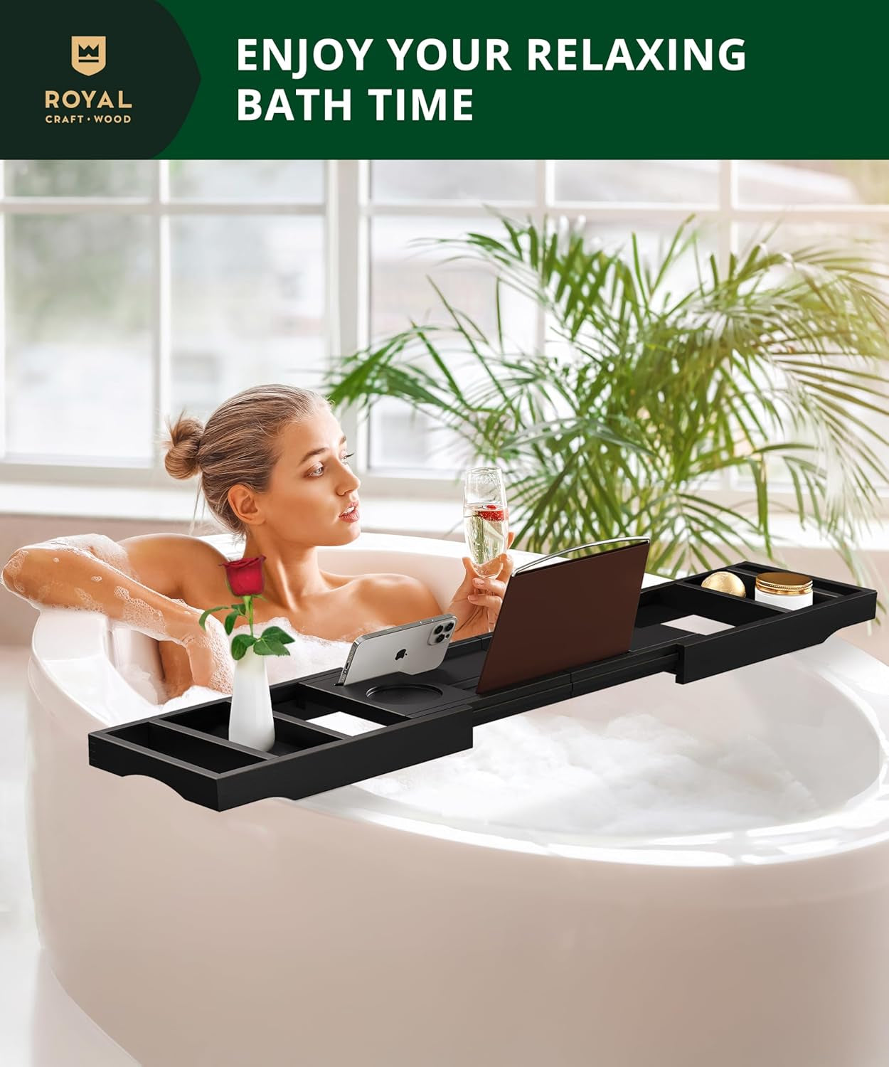 Premium Foldable Bathtub Tray - Wood Bath Tray for Tub, Bamboo Shelf, Expandable Bath Table Trays, Bathtub & Bathroom Accessories for New Home & Mothers Day & Birthday Gifts for Mom