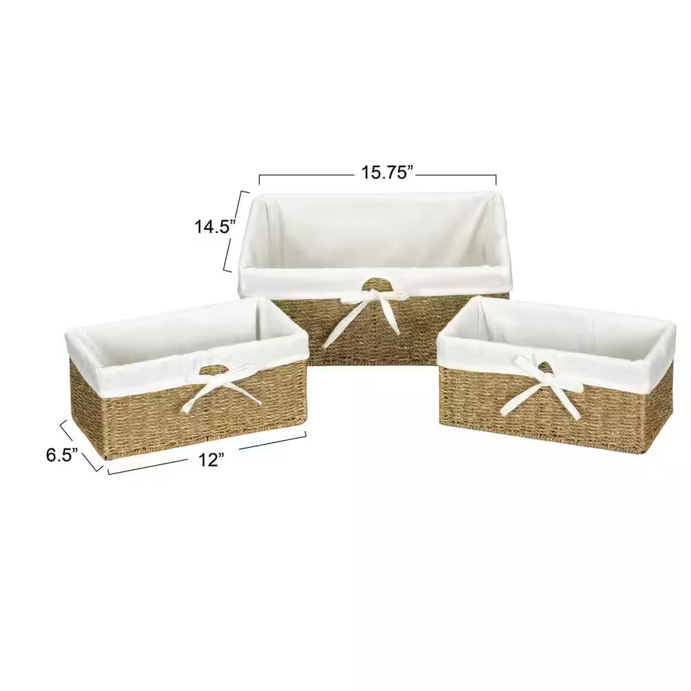 Paper Rope Lined Utility Basket in Natural Seagrass with Washable Cotton Liner (Set of 3)