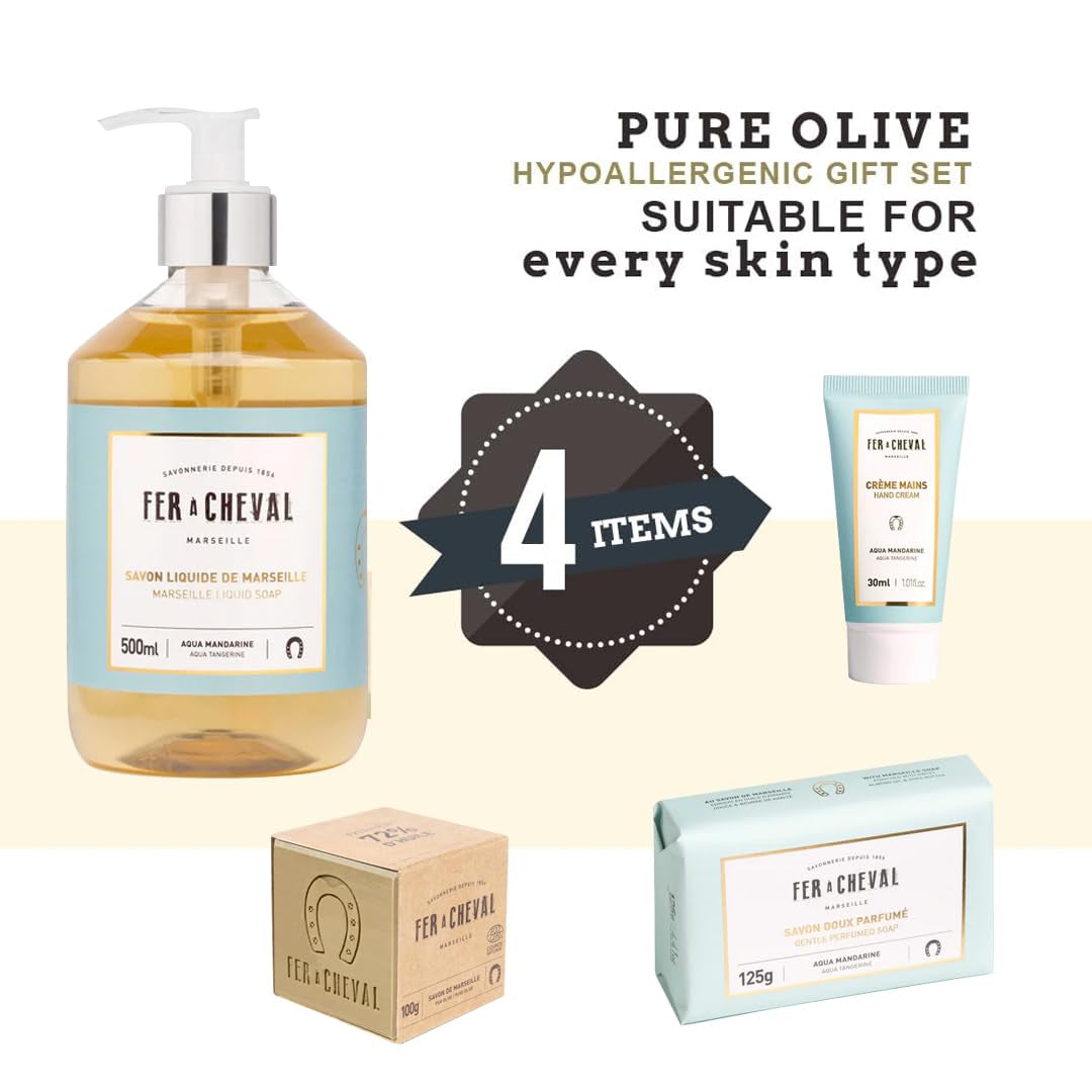 Fer À Cheval Pure Olive Aqua Mandarin Freshness Gift Box – Marseille Soap Cube, Liquid Soap, Gentle Soap, Hand Cream – 4-Piece Aqua Mandarin Scented Set