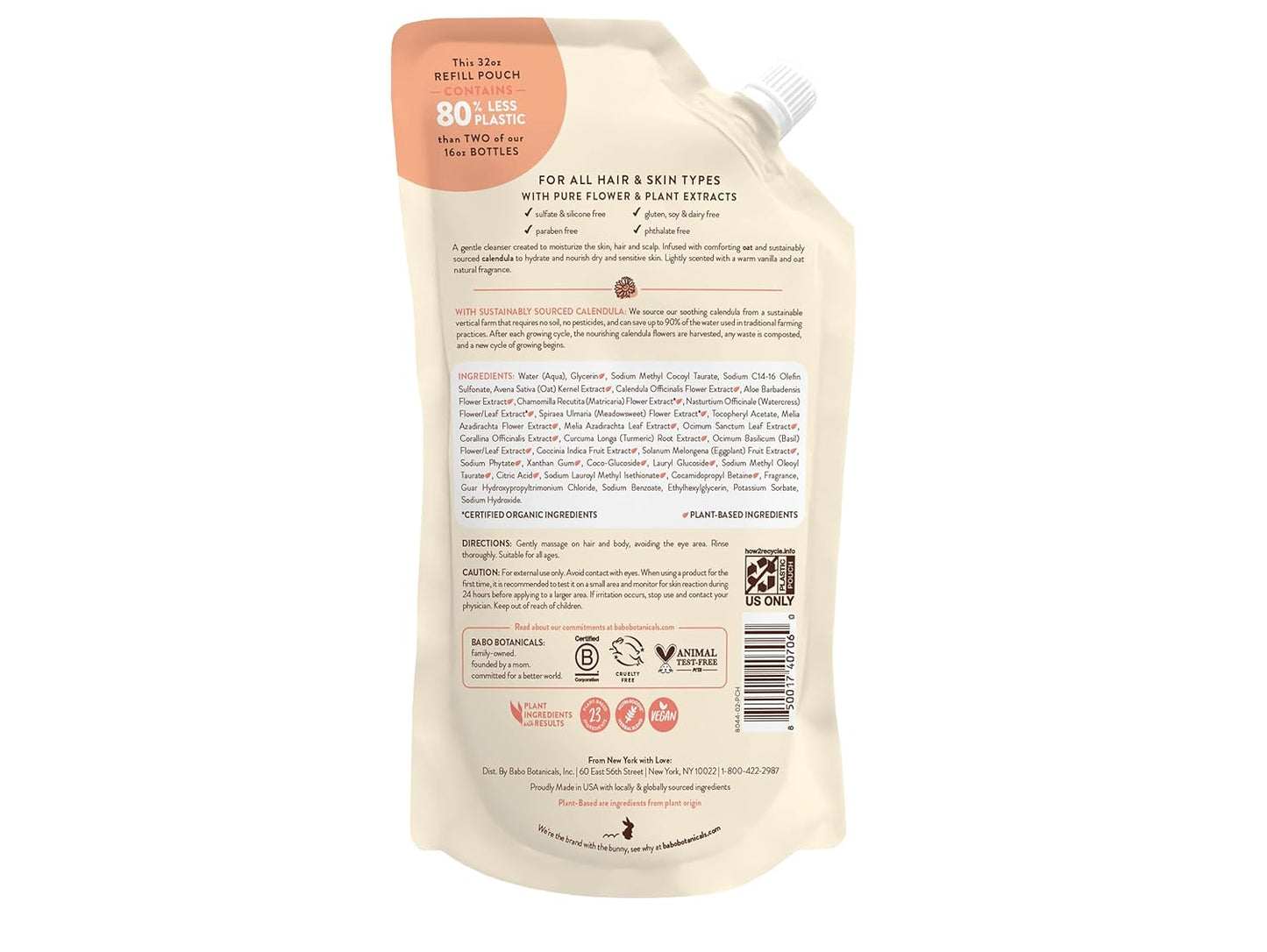 Moisturizing Oat & Calendula 2-In-1 Shampoo & Wash - for Dry or Sensitive Skin - for All Ages - Lightly Scented - Vegan - Refill Pouch 32 Fl.Oz.