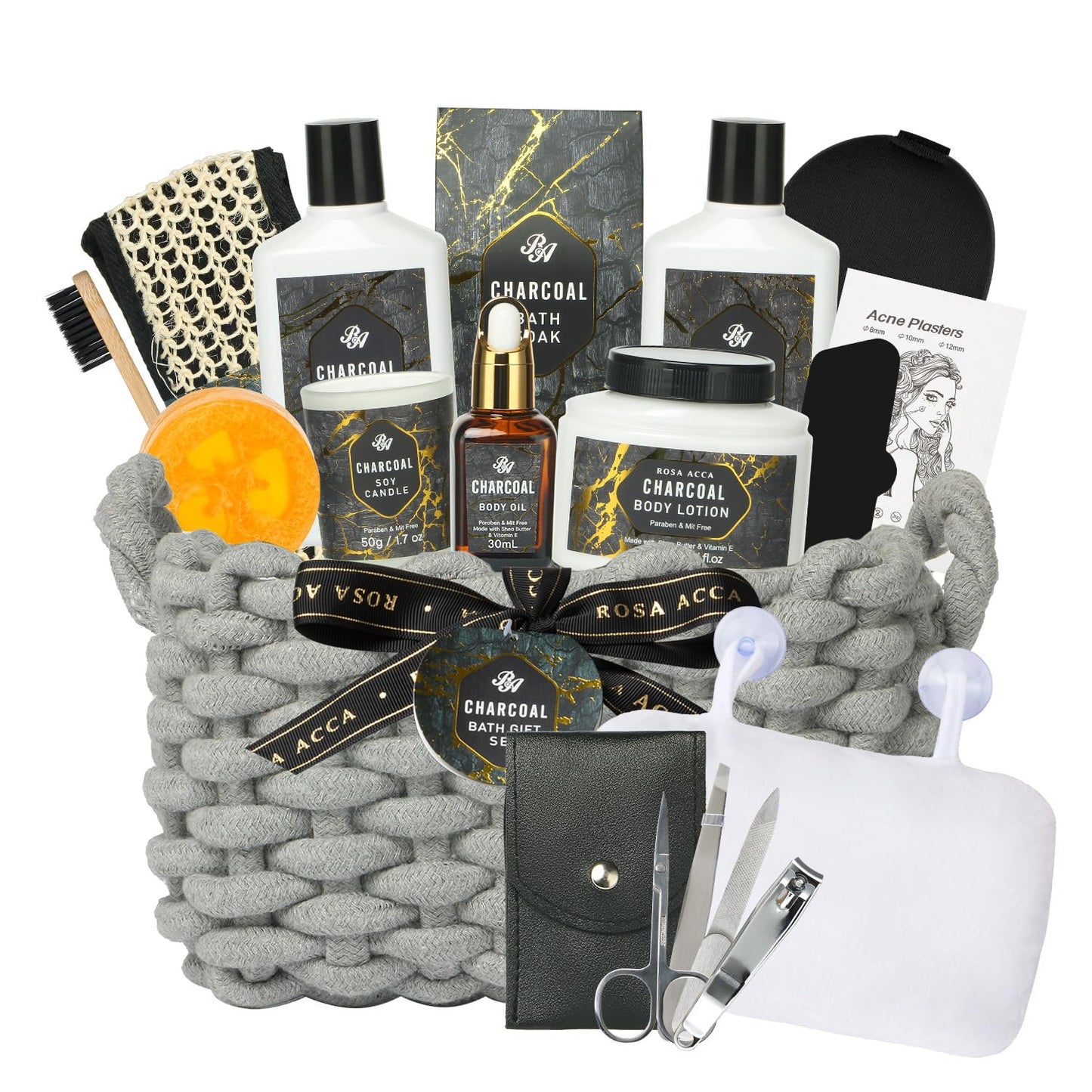 Mothers Day Gift, Gift Set for Men & Women, 15Pcs Spa Basket Set Bamboo Charcoal Scented Includes Body Wash, Bubble Bath, Manicure Set, Gifts for Daddy, Birthday Gifts, Home Spa Kit Gift for Him