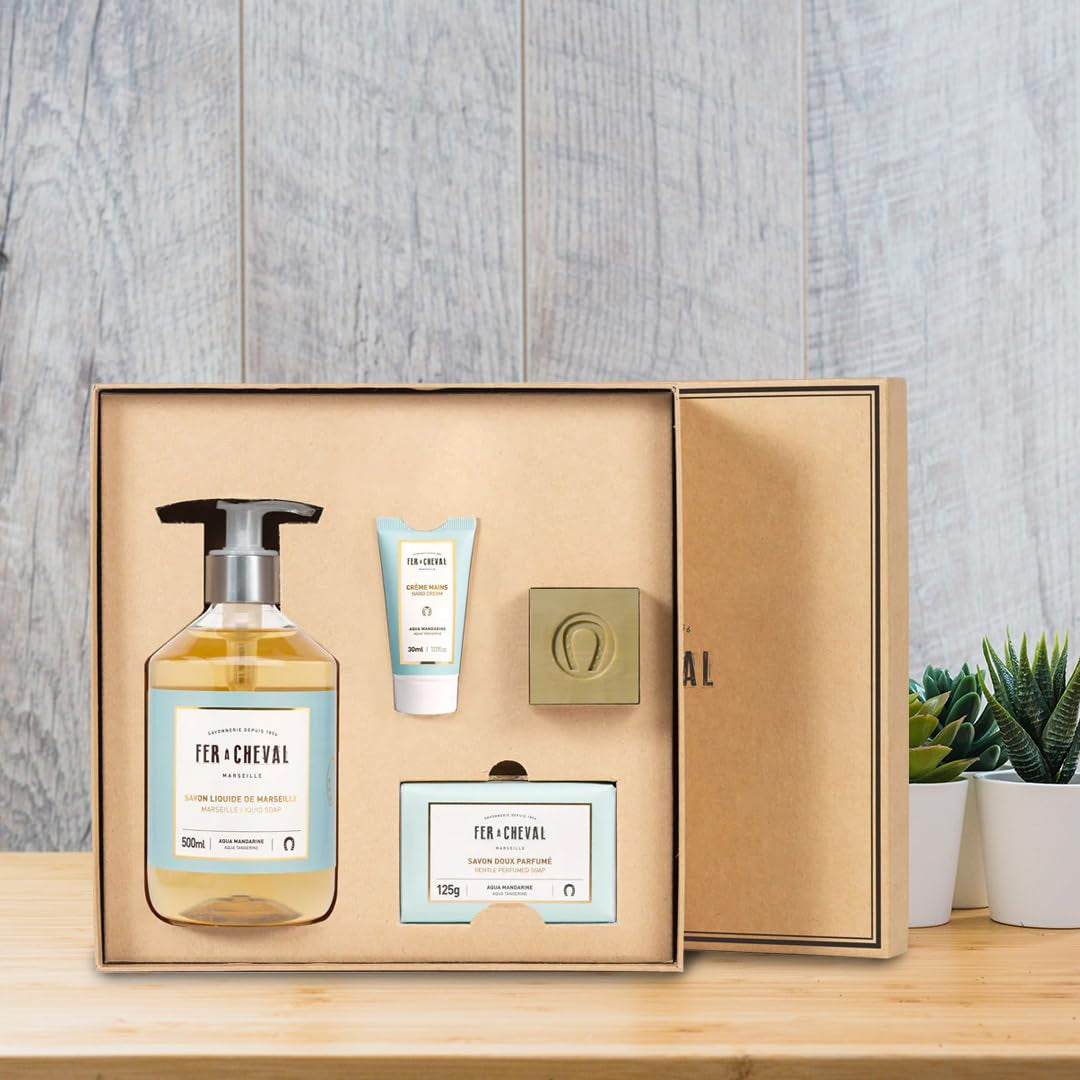 Fer À Cheval Pure Olive Aqua Mandarin Freshness Gift Box – Marseille Soap Cube, Liquid Soap, Gentle Soap, Hand Cream – 4-Piece Aqua Mandarin Scented Set