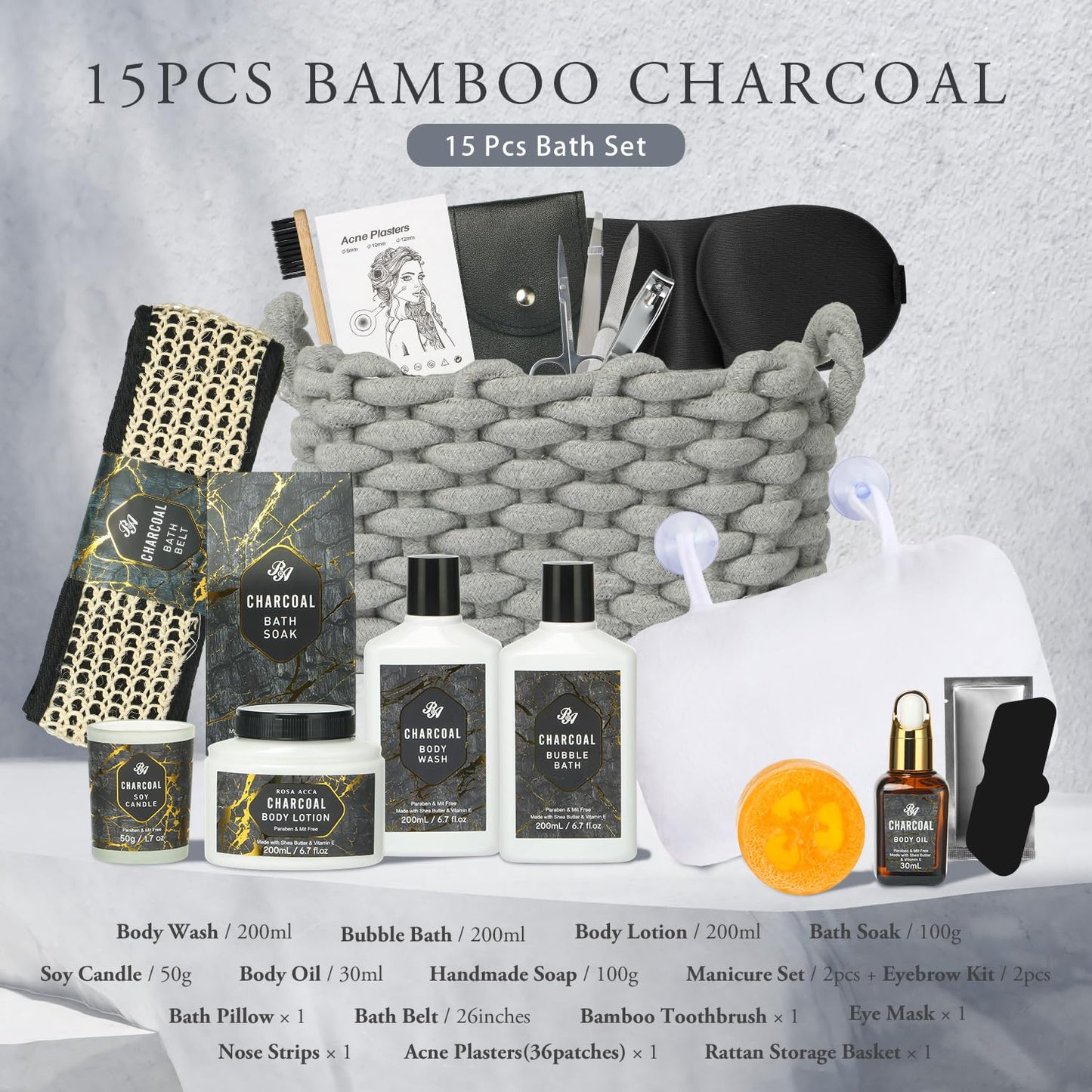 Mothers Day Gift, Gift Set for Men & Women, 15Pcs Spa Basket Set Bamboo Charcoal Scented Includes Body Wash, Bubble Bath, Manicure Set, Gifts for Daddy, Birthday Gifts, Home Spa Kit Gift for Him