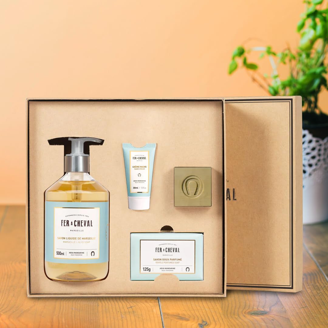 Fer À Cheval Pure Olive Aqua Mandarin Freshness Gift Box – Marseille Soap Cube, Liquid Soap, Gentle Soap, Hand Cream – 4-Piece Aqua Mandarin Scented Set