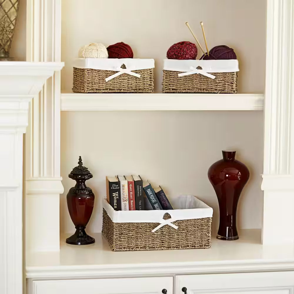 Paper Rope Lined Utility Basket in Natural Seagrass with Washable Cotton Liner (Set of 3)