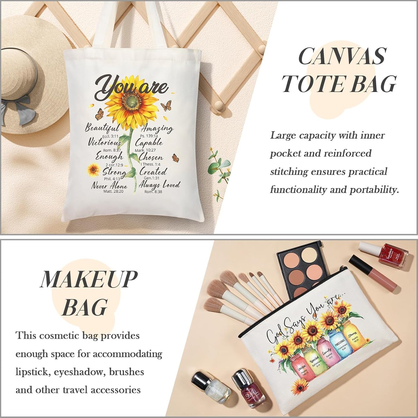Christian Faith Gifts for Women - Religious Catholic Sunflower Inspirational Spiritual Gift for Mom, Grandma, Sister, Coworker with Makeup Bag and 40 OZ Tumbler