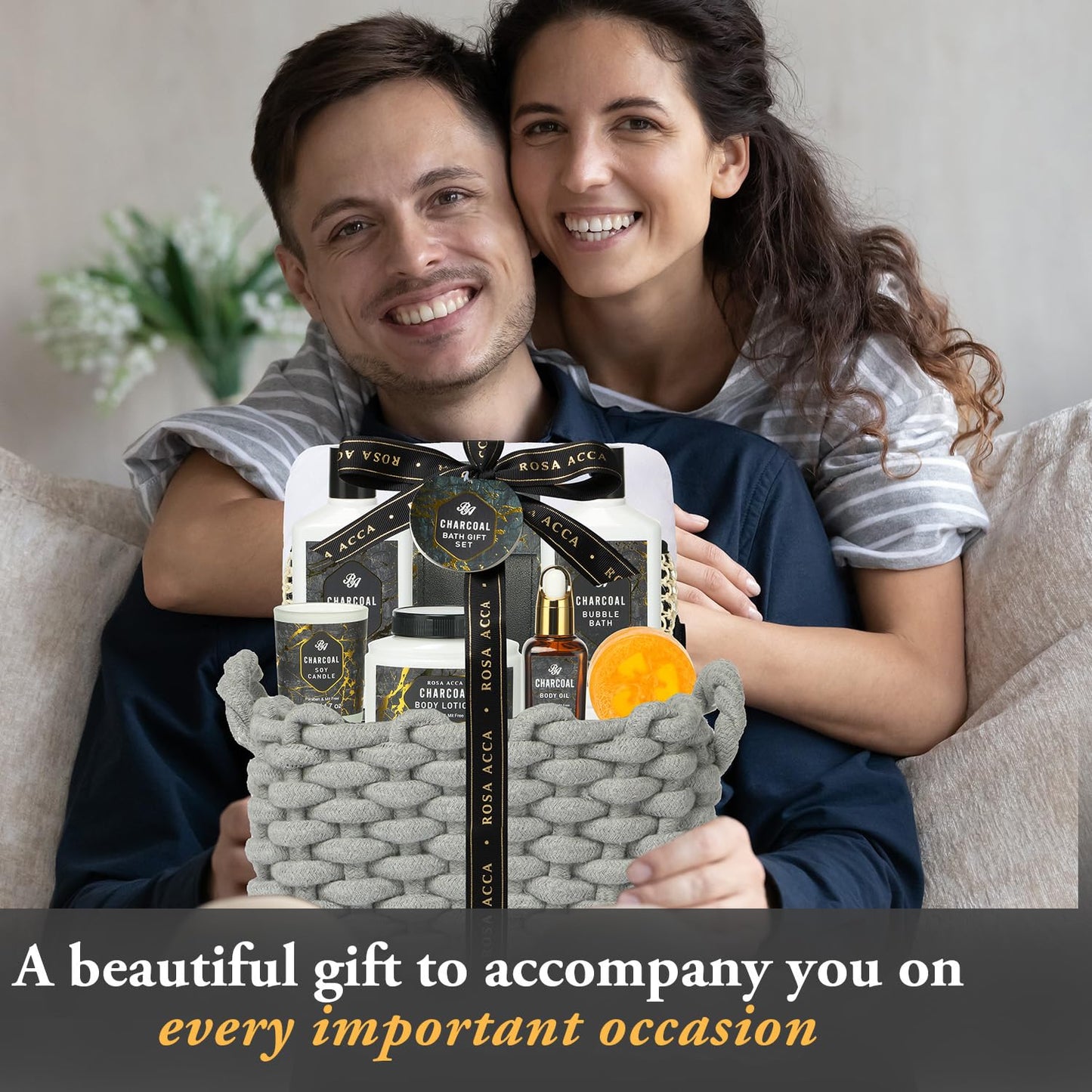 Mothers Day Gift, Gift Set for Men & Women, 15Pcs Spa Basket Set Bamboo Charcoal Scented Includes Body Wash, Bubble Bath, Manicure Set, Gifts for Daddy, Birthday Gifts, Home Spa Kit Gift for Him