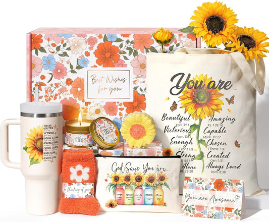 Christian Faith Gifts for Women - Religious Catholic Sunflower Inspirational Spiritual Gift for Mom, Grandma, Sister, Coworker with Makeup Bag and 40 OZ Tumbler