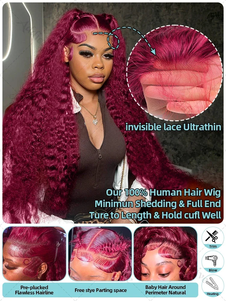 32 Inch 99j Burgundy 13x6 Hd Lace Frontal Human Hair Wig Red Colored Remy Wig 13x4 Transparent Lace Curly Deep Wave Frontal Wig