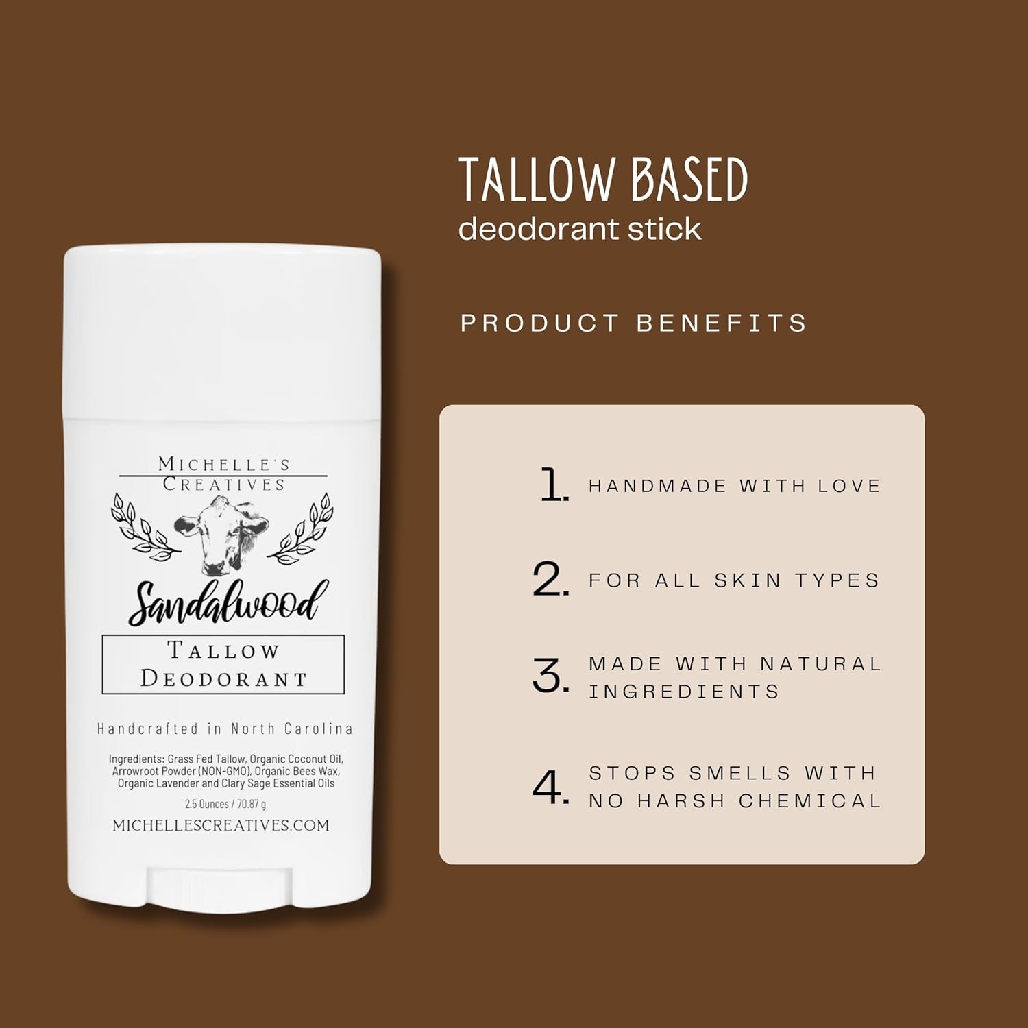 Natural Sandalwood Tallow Deodorant Women & Men'S Deodorant - Handcrafted in Small Batches with Grass-Fed Beef from North Carolina Farms, Aluminum-Free Deodorant Stick