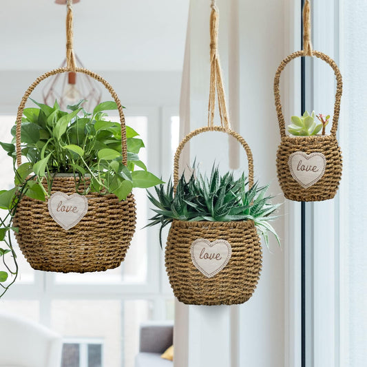 Woven Plant Basket Seagrass Plant Baskets Planter Baskets Indoor Decoration for Green Plants and Flowers, Multifunctional Storage Baskets, Fruit Baskets, Picnic Basket, 3-Pack