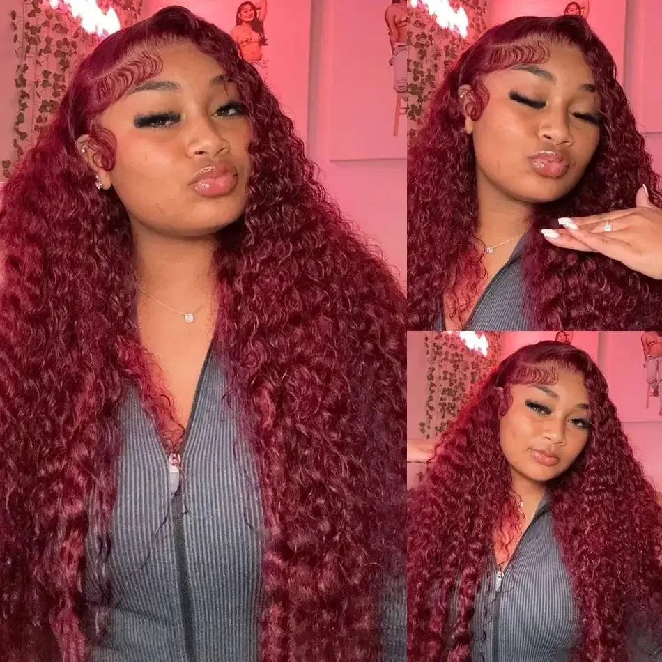 32 Inch 99j Burgundy 13x6 Hd Lace Frontal Human Hair Wig Red Colored Remy Wig 13x4 Transparent Lace Curly Deep Wave Frontal Wig