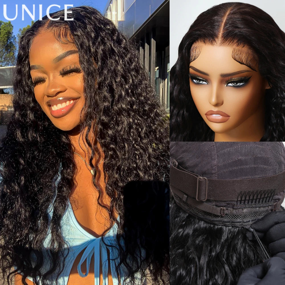 UNice Hair Drawstring Cap Water Wave Wig With Baby Hair Pre Cut Pre Bleached 7x5 & 13x4 Human Hair Lace Frontal Wig Glueless Wig
