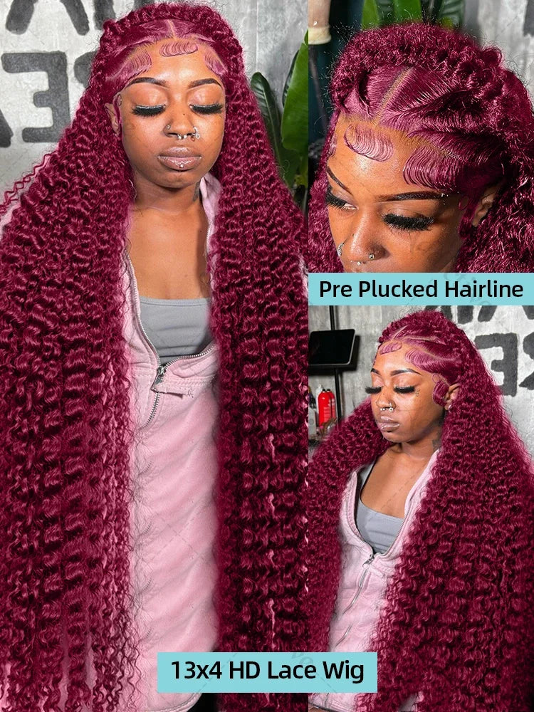 32 Inch 99j Burgundy 13x6 Hd Lace Frontal Human Hair Wig Red Colored Remy Wig 13x4 Transparent Lace Curly Deep Wave Frontal Wig
