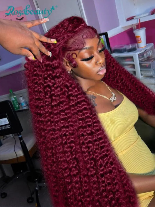32 Inch 99j Burgundy 13x6 Hd Lace Frontal Human Hair Wig Red Colored Remy Wig 13x4 Transparent Lace Curly Deep Wave Frontal Wig