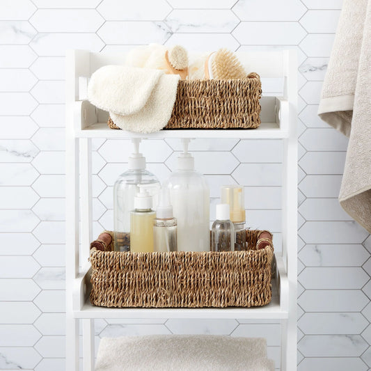 Set of 3 Small Wicker Baskets for Storage, Woven Nesting Bins with Handles for Bathroom Towels and Toilet Paper Organization, Closet, Shelf, Kitchen (3 Assorted Sizes)