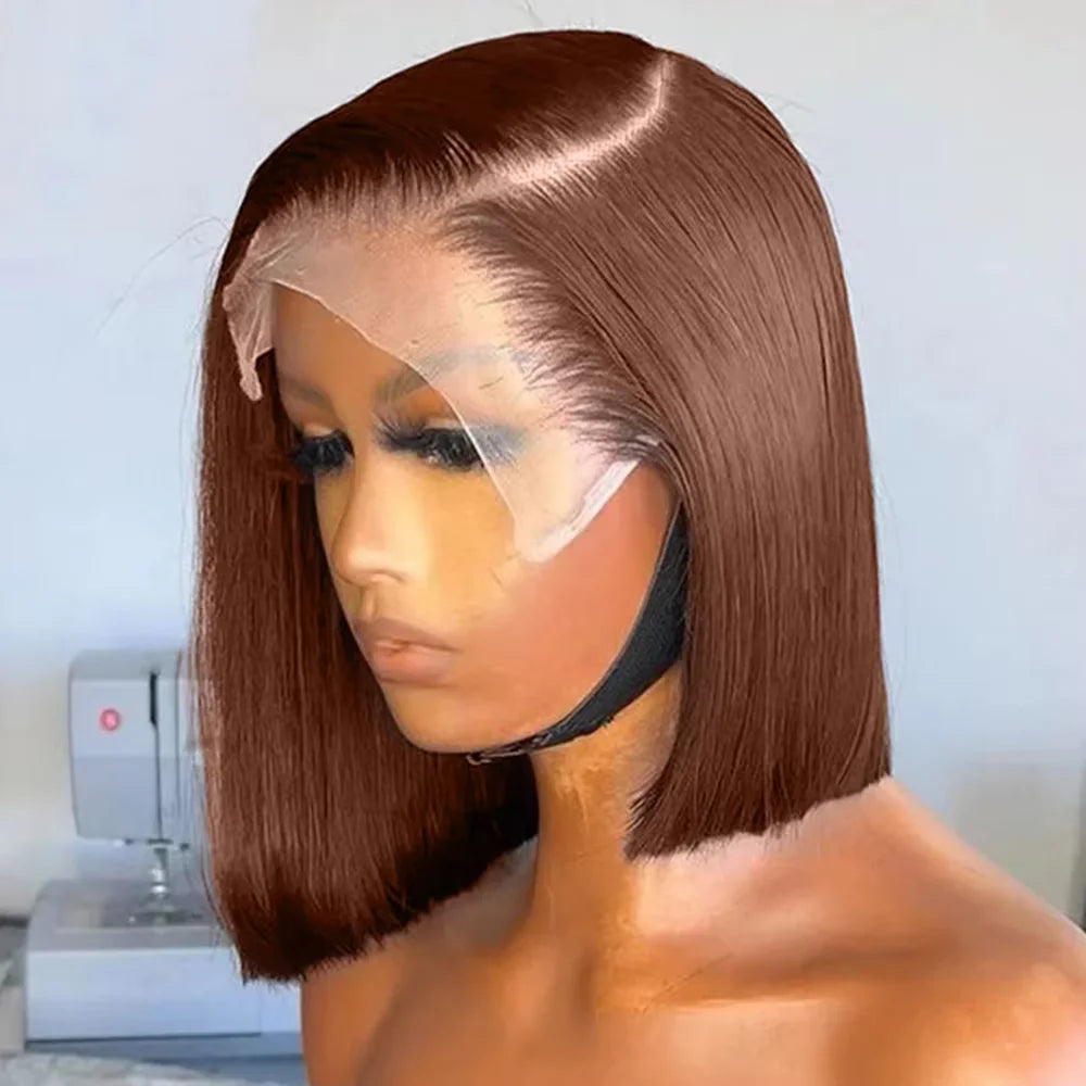 4# Chocolate Brown HD Transparent Straight Lace Frontal Bob Human Hair Wig 13x4 Lace Front Wig PrePlucked For Black Women
