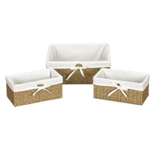 Paper Rope Lined Utility Basket in Natural Seagrass with Washable Cotton Liner (Set of 3)