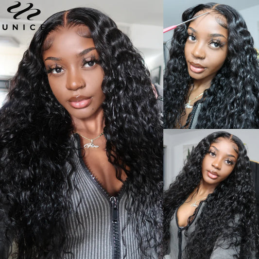 UNice Hair Drawstring Cap Water Wave Wig With Baby Hair Pre Cut Pre Bleached 7x5 & 13x4 Human Hair Lace Frontal Wig Glueless Wig