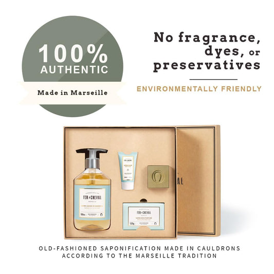 Fer À Cheval Pure Olive Aqua Mandarin Freshness Gift Box – Marseille Soap Cube, Liquid Soap, Gentle Soap, Hand Cream – 4-Piece Aqua Mandarin Scented Set