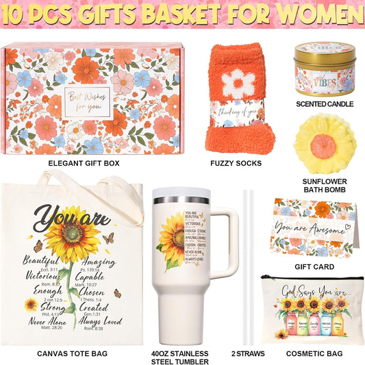 Christian Faith Gifts for Women - Religious Catholic Sunflower Inspirational Spiritual Gift for Mom, Grandma, Sister, Coworker with Makeup Bag and 40 OZ Tumbler