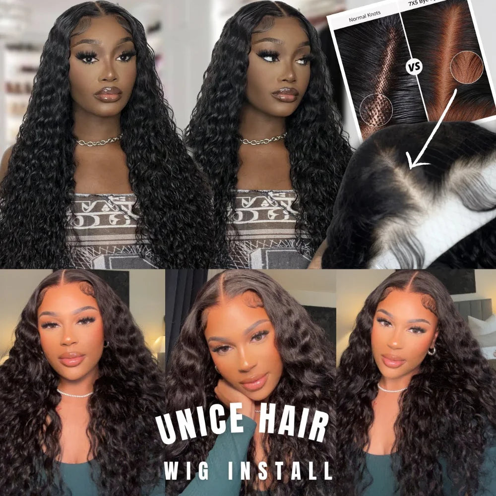 UNice Hair Drawstring Cap Water Wave Wig With Baby Hair Pre Cut Pre Bleached 7x5 & 13x4 Human Hair Lace Frontal Wig Glueless Wig