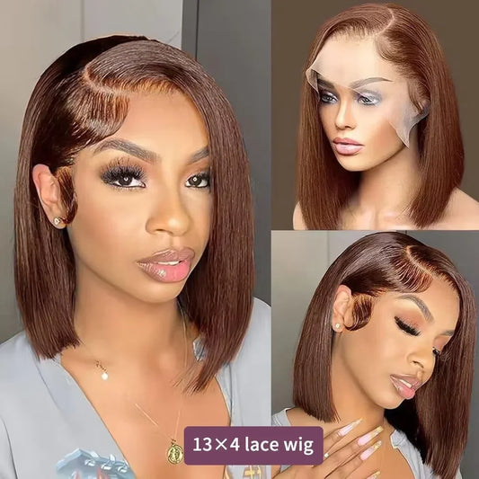 4# Chocolate Brown HD Transparent Straight Lace Frontal Bob Human Hair Wig 13x4 Lace Front Wig PrePlucked For Black Women