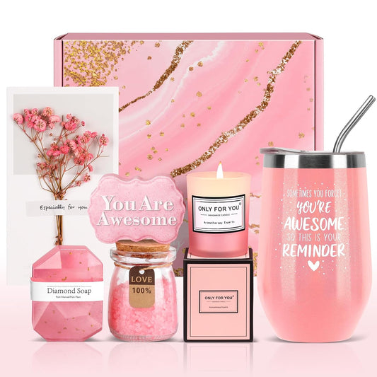 Birthday Gifts - Relaxing Spa Gifts Basket for Women; Her Mom, Grandma, Daughter, Sister, Wife, Girlfriend, Friends - Unique Bath Set Gifts (Pink)
