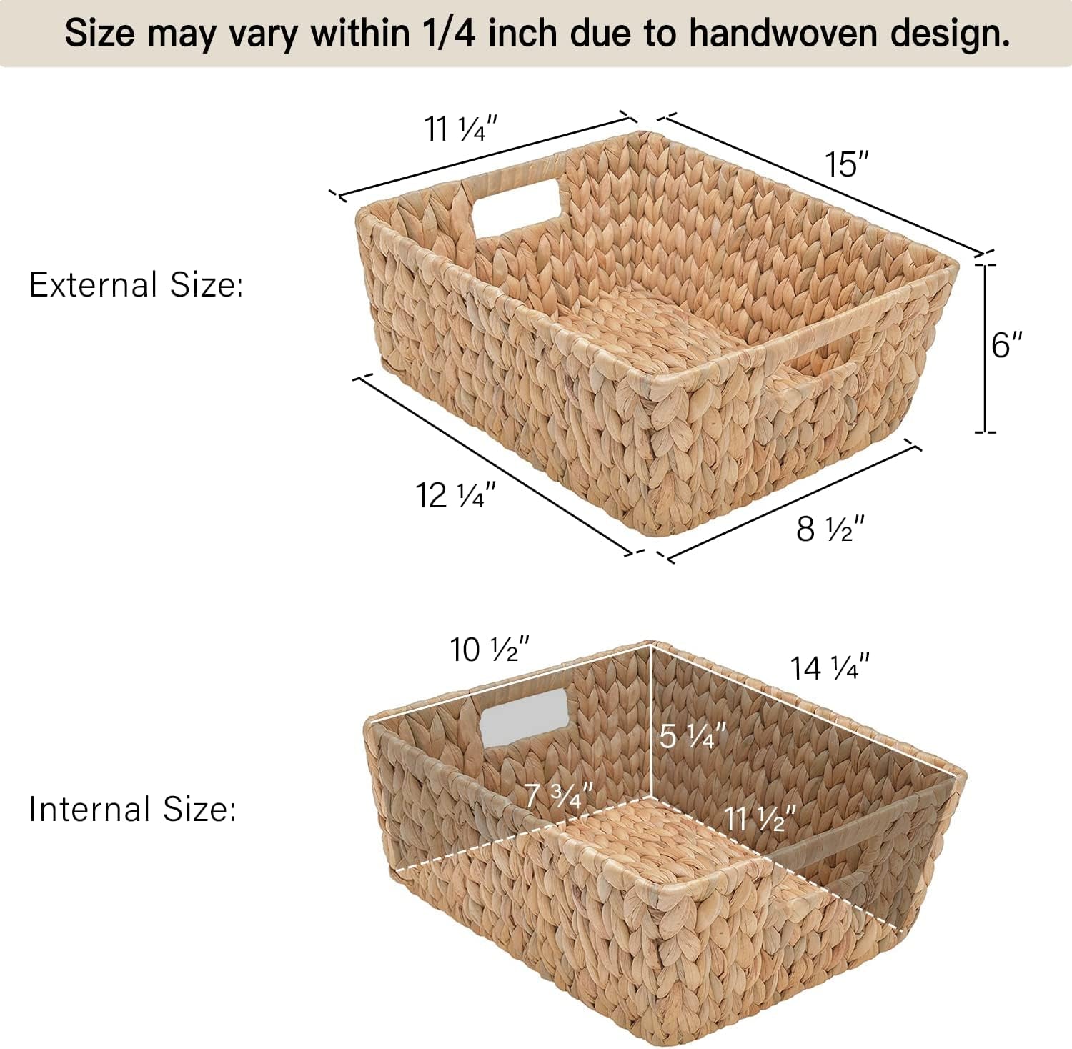 Water Hyacinth Storage Baskets, Large Wicker Baskets with Built-In Handles, 2 Pack