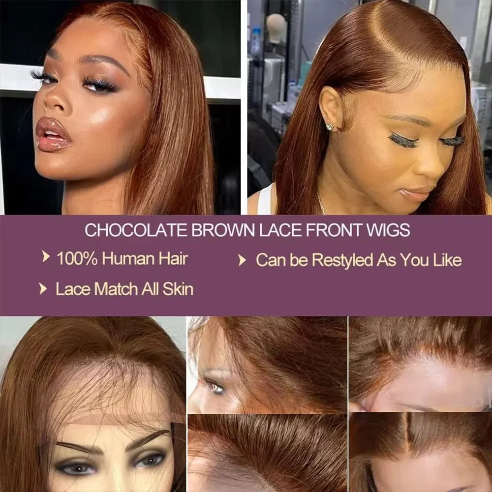 4# Chocolate Brown HD Transparent Straight Lace Frontal Bob Human Hair Wig 13x4 Lace Front Wig PrePlucked For Black Women